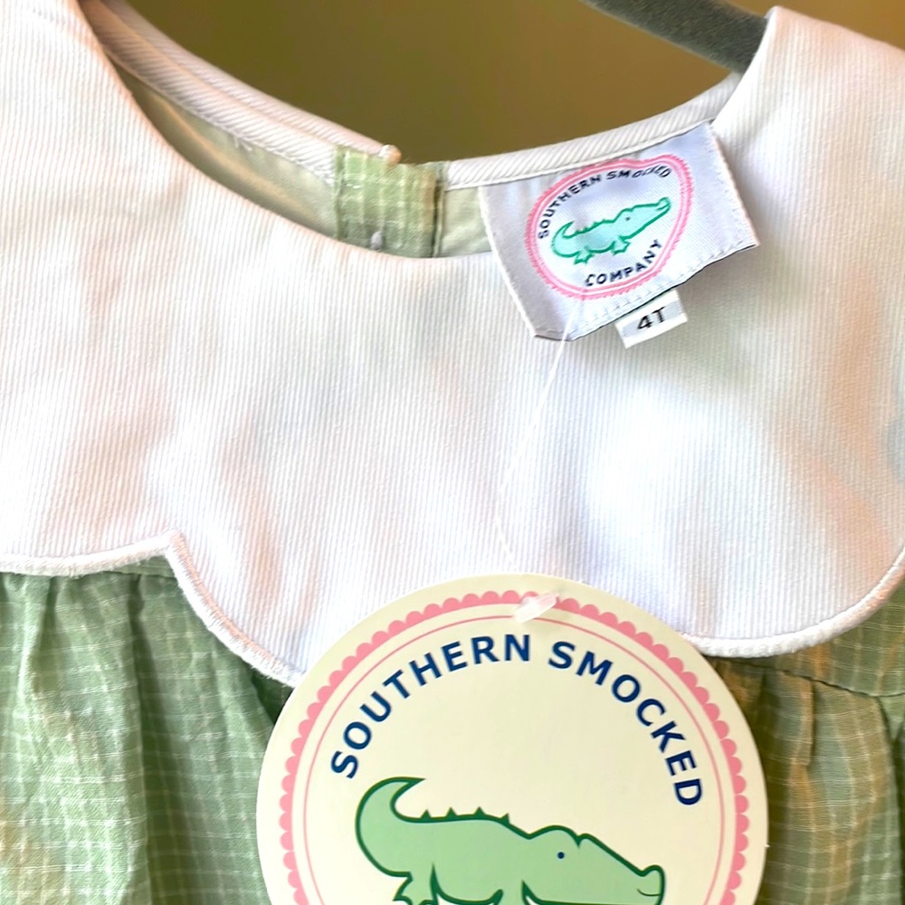 Adorable Southern Smocked 4T Dress - White and green gingham (NWT)